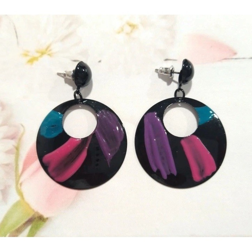 Vintage Enamel Drop Dangle Earrings Black Circle Abstract 80s Retro Mob EC2